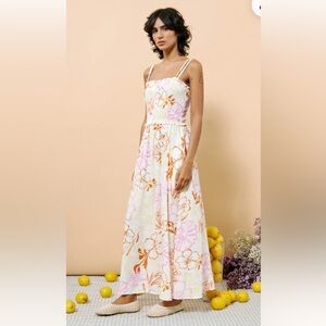 FRNCH NWT Maxi Dress White Pink Orange Floral Smocked Top Adj Straps Vis/Linen S